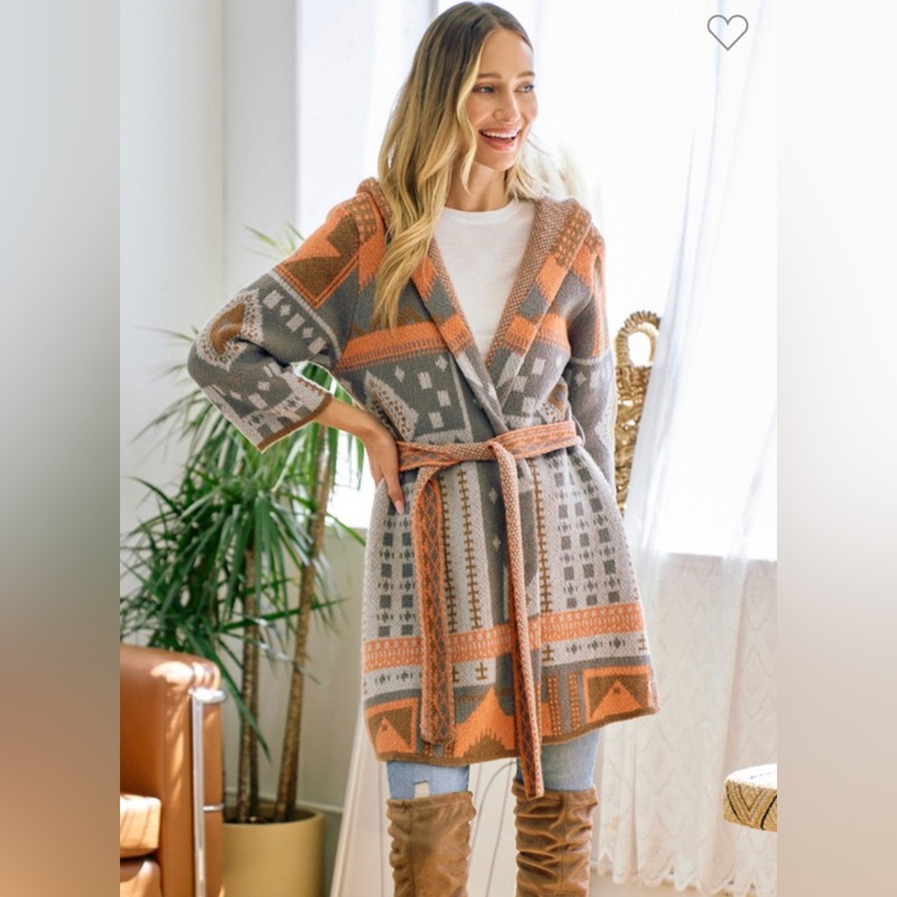Women’s Grey and light Orange hooded Aztec cardigan with belt. Sizes S, M, L